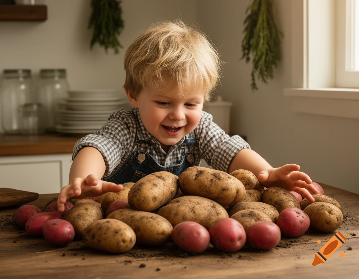 A happy young boy with blonde hair reaches for a pile of dirty potatoes on a wooden table in a kitchen.