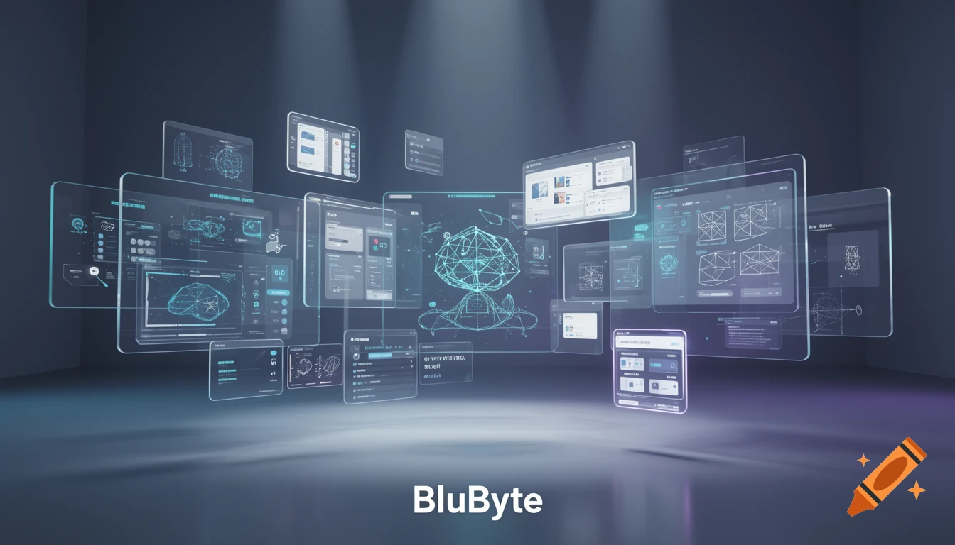 A futuristic 3D hero banner with floating transparent holographic UI panels and dashboards displaying AI-generated wireframes and design systems in a deep blue, cyan, and purple light. The word "BluByte" is at the bottom.