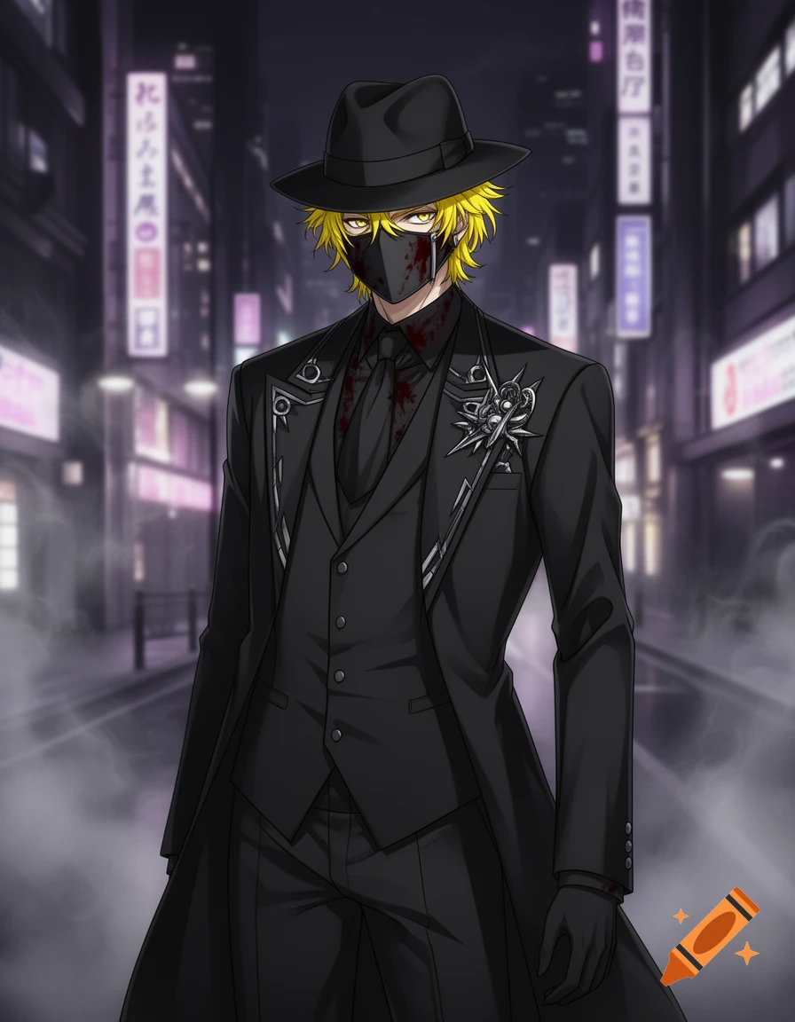 Anime guy with yellow hair, black fedora, suit, and blood-splattered mask stands in a dimly lit city street at night.