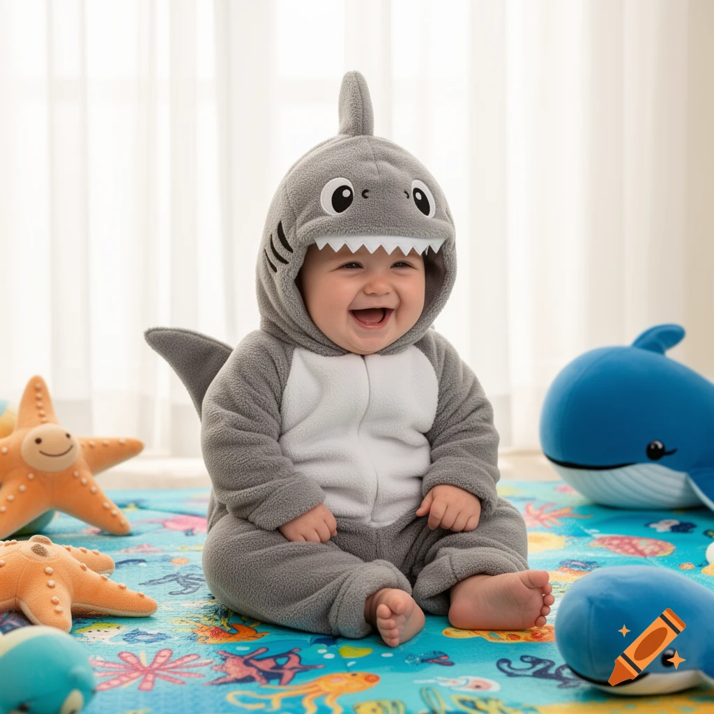 Happy baby in a gray shark costume sits on an ocean-themed playmat surrounded by starfish and whale plush toys.