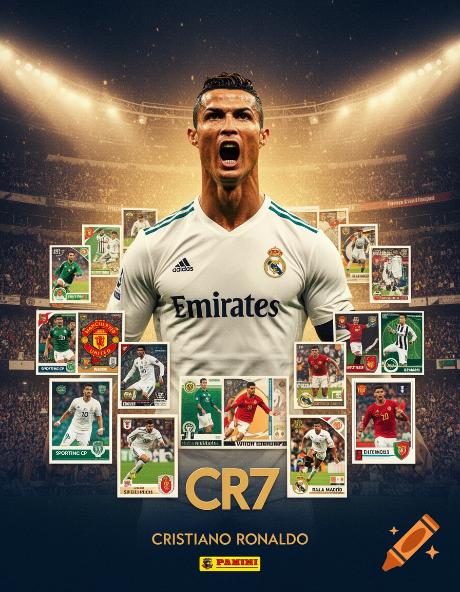 Dramatic poster of Cristiano Ronaldo in a white Real Madrid jersey, with a stadium background and a collage of Panini football stickers from his career. Large golden 'CR7' and 'CRISTIANO RONALDO' text are at the bottom.