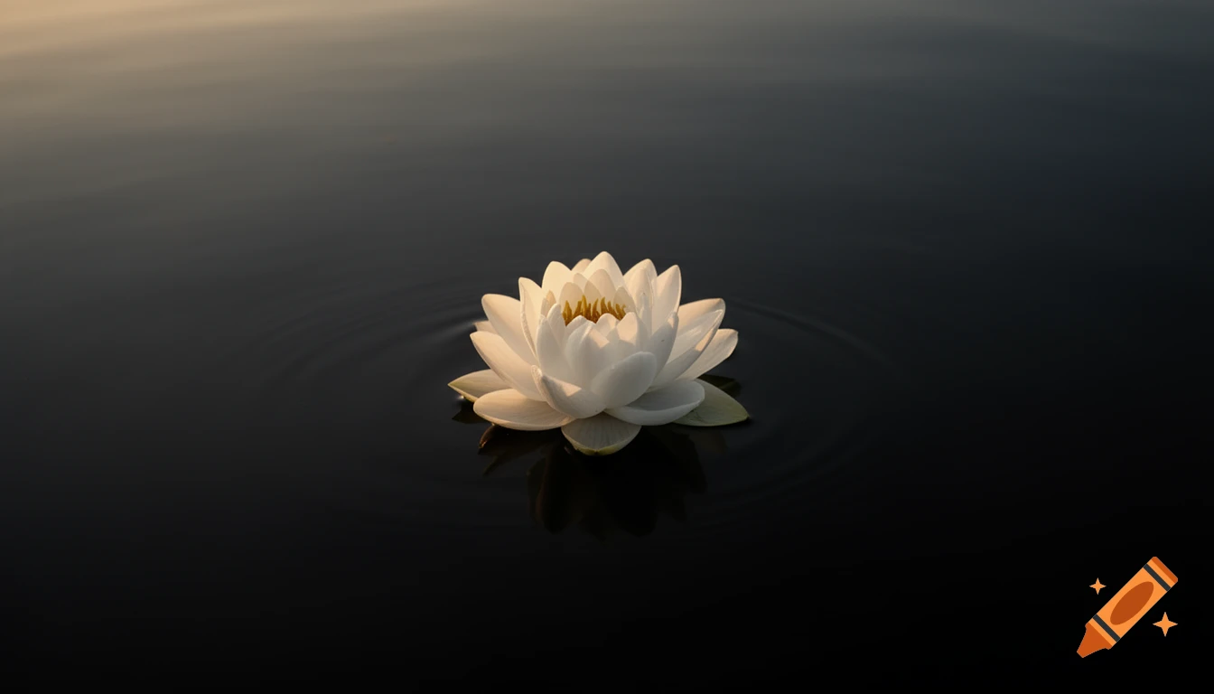 A single white lotus flower floats on dark, still water, with soft light reflecting on the surface.