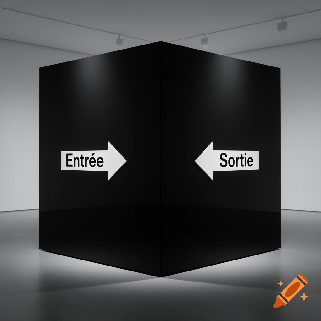 A minimalist photo of a black opaque cube in a white gallery, with a white 'Entr de' arrow on one face and a 'Sortie' arrow on the opposite.
