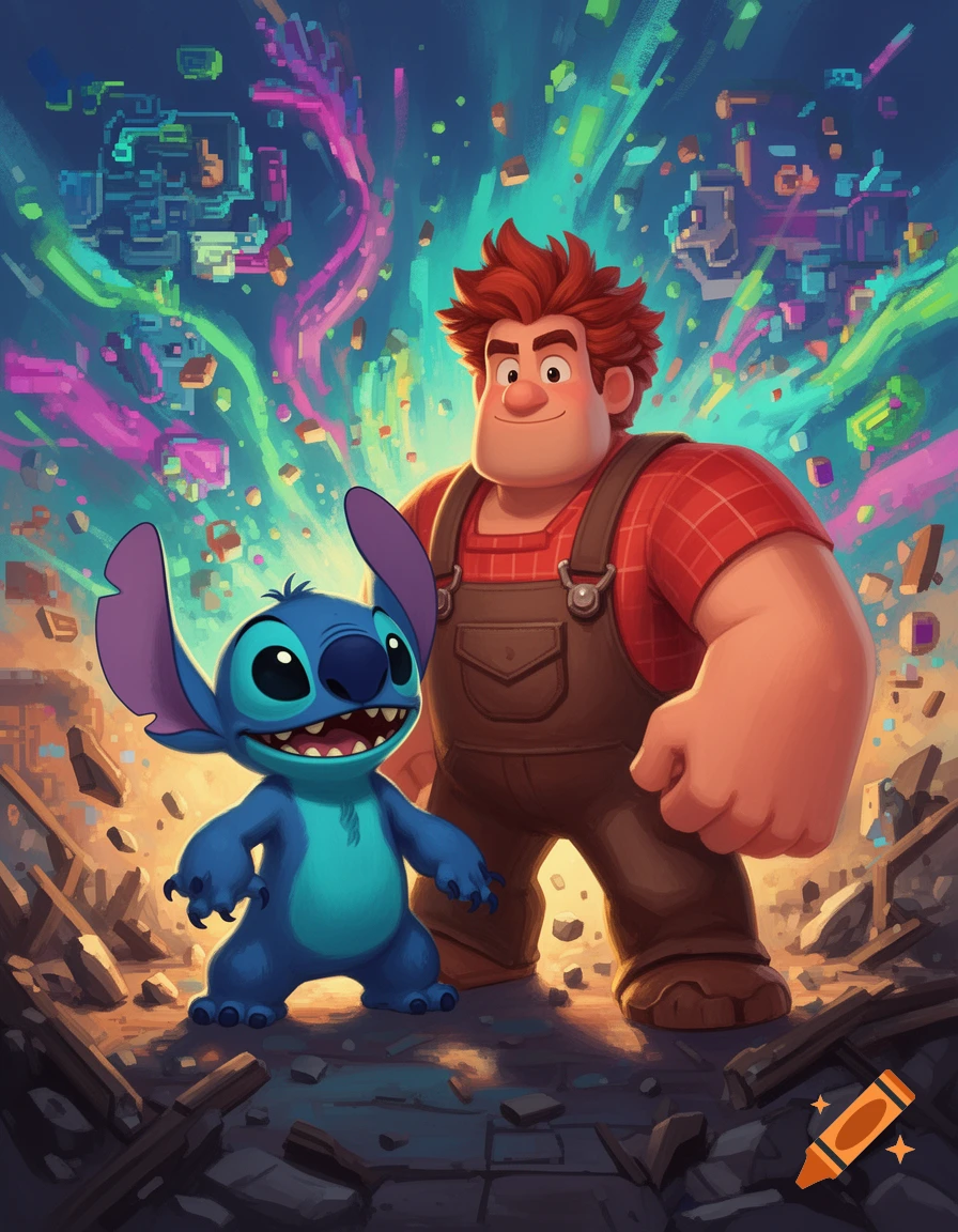 A vibrant illustration of Stitch and Wreck-It Ralph standing on debris amidst a swirling, colorful, pixelated background.