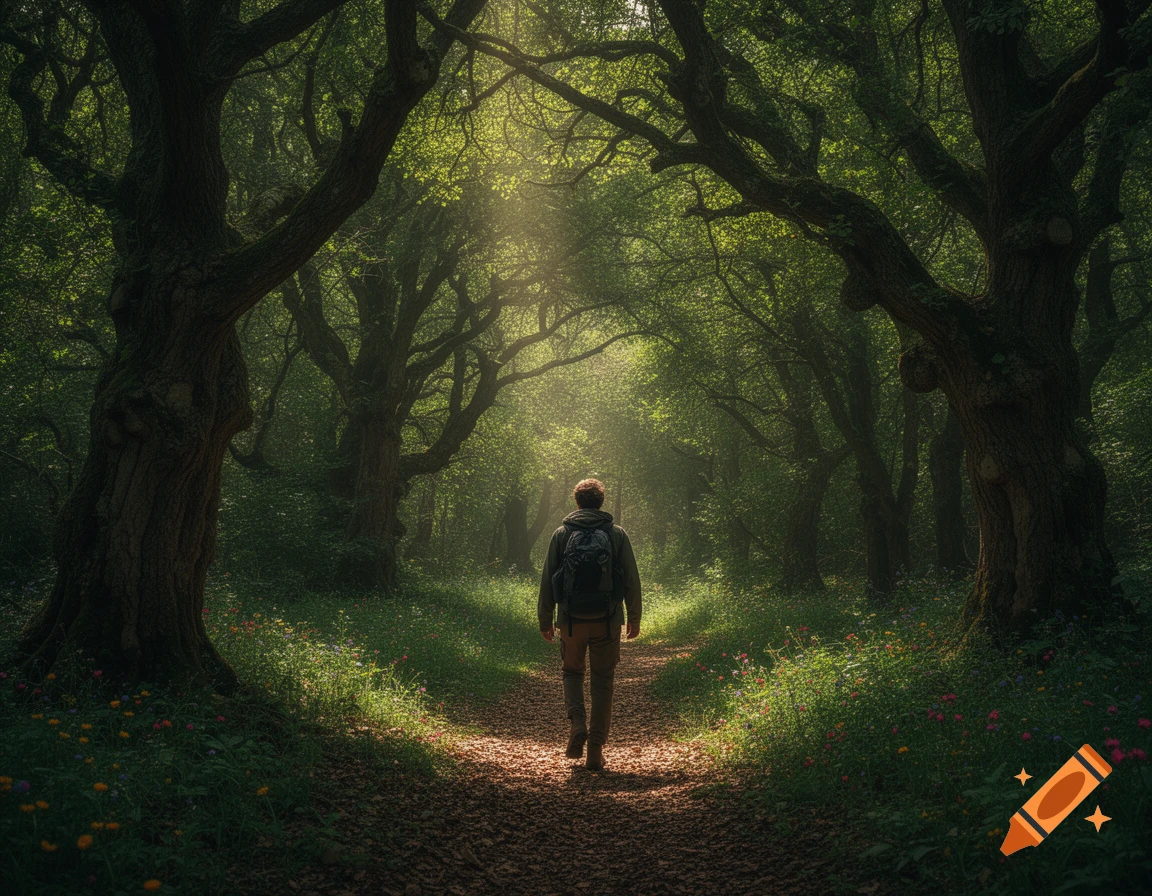 A lone person with a backpack walks down a sunlit path through a lush, green forest, with dappled light.
