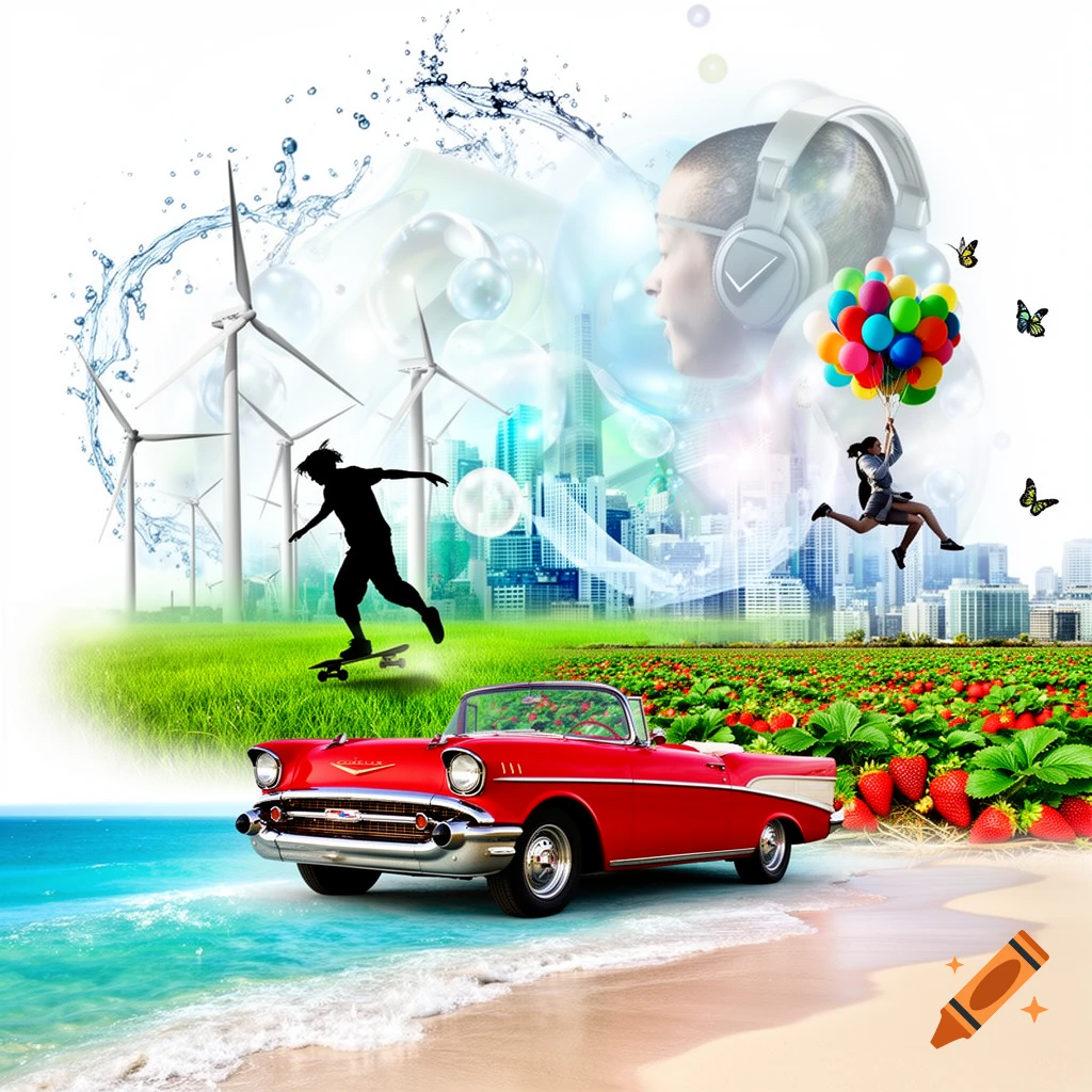 A vibrant Y2K aesthetic composite image featuring a red 1950s convertible on a beach, a skateboarder, a person flying with balloons, and a head with headphones, surrounded by wind turbines, strawberry fields, a cityscape, and water splashes.