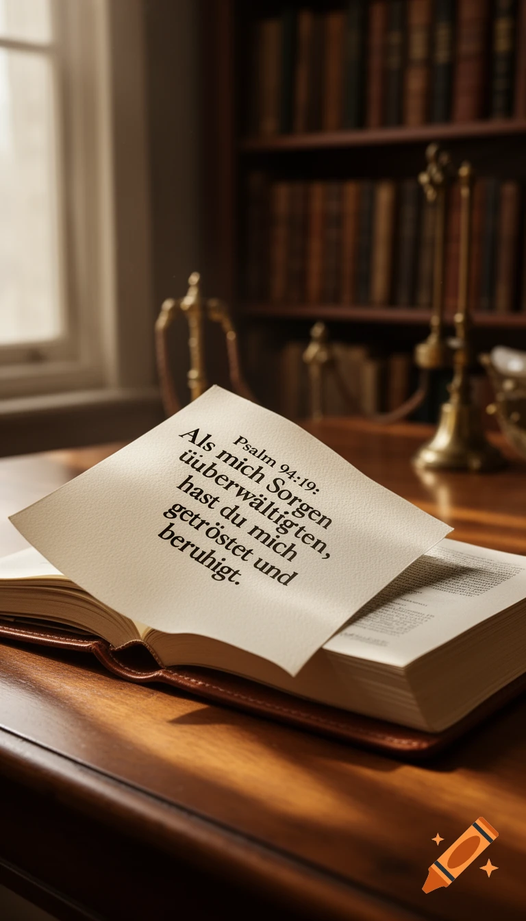 A close-up shot of an open book on a wooden desk, revealing a page with a German scripture from Psalm 94:19. A warm light filters in from a window on the left, illuminating the page and parts of the desk. A bookshelf is blurred in the background.