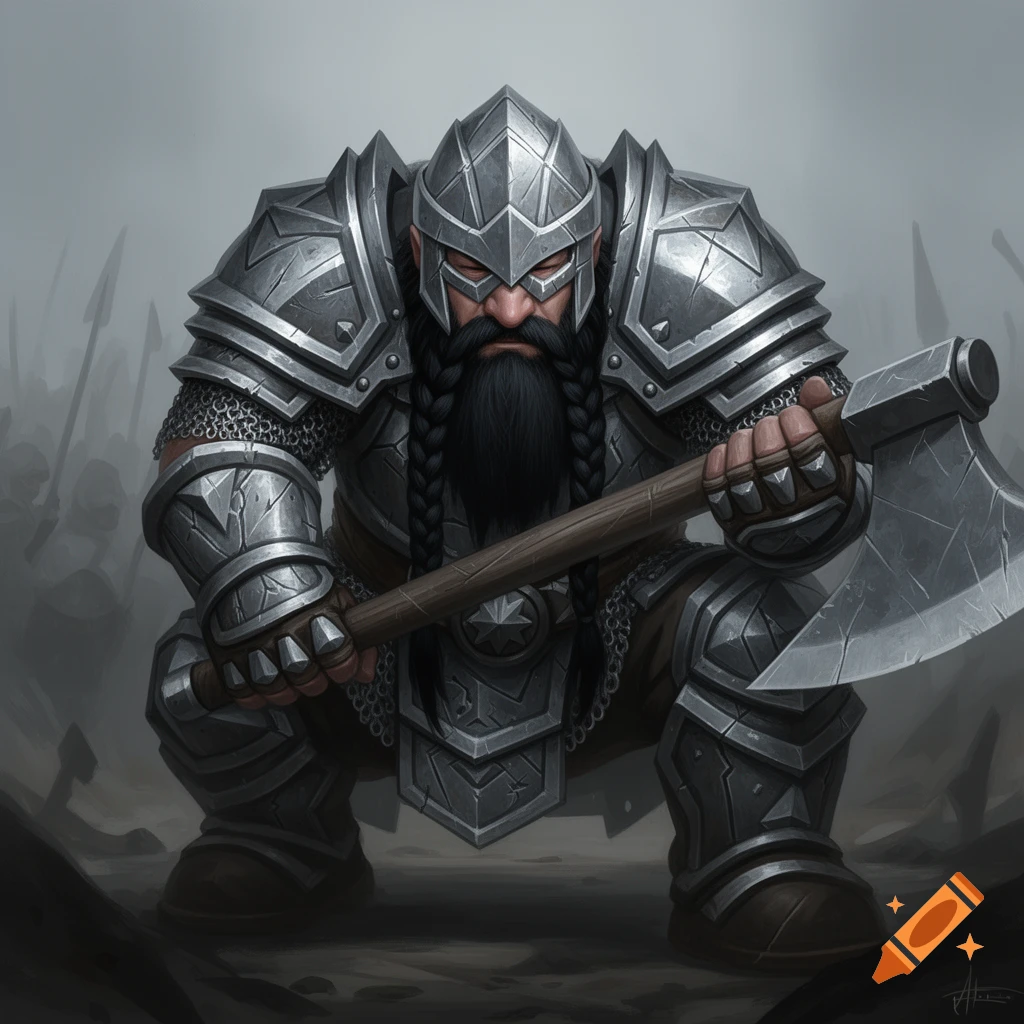 A heavily armored dwarf warrior with a braided black beard and a horned helmet squats, holding a large battle axe. Gray, fantasy art style.