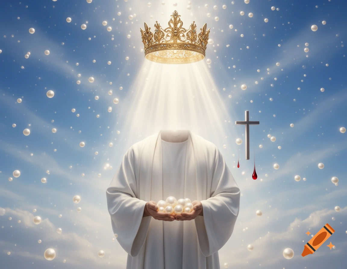A headless figure in a white robe holds pearls under a golden crown and divine light in a pearl-filled sky, with a cross dripping blood.