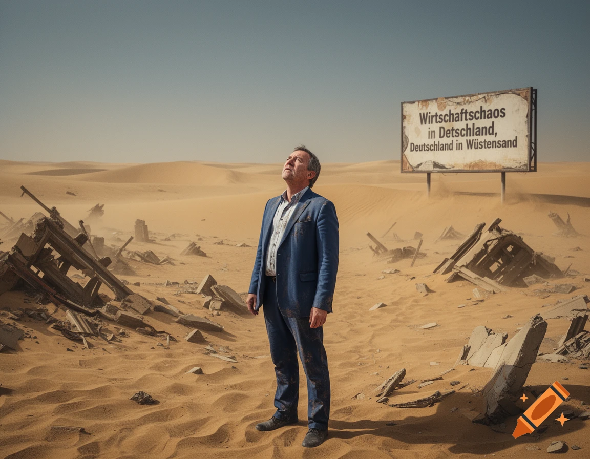 A man in a suit stands in a vast, ruined desert landscape with a billboard in the background, looking up at the sky.