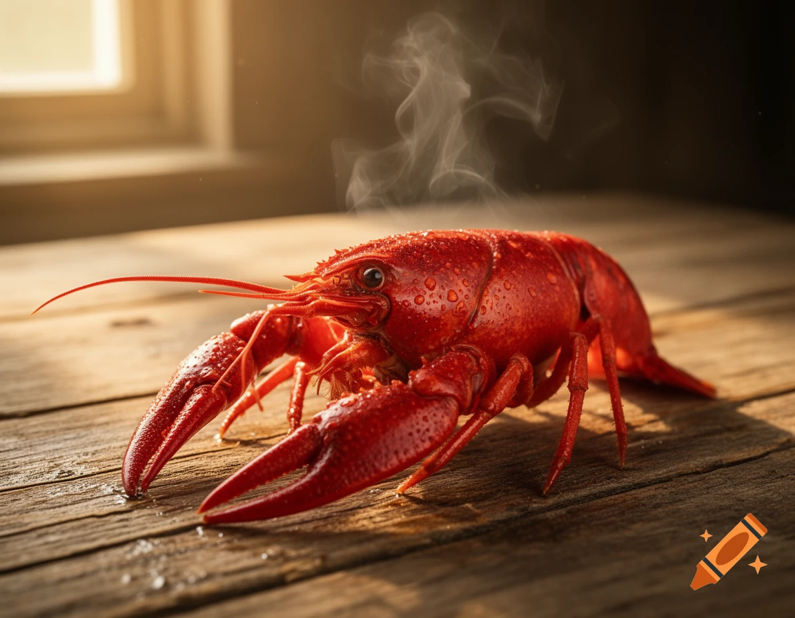 A freshly boiled red crawfish with steam rising sits on a rustic wooden table, illuminated by warm window light.