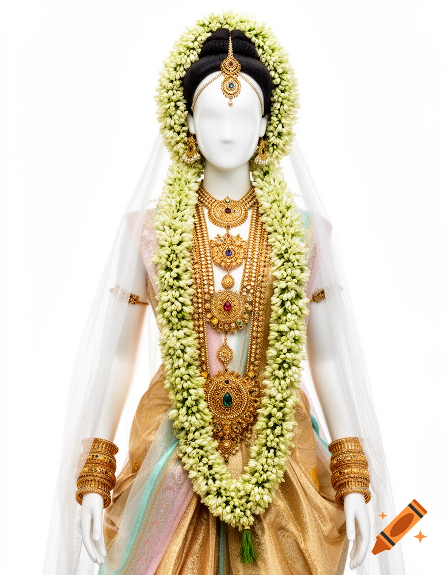 A mannequin wearing an elaborate gold traditional Indian bridal outfit, intricate gold jewelry, a sheer veil, and jasmine garlands, against a white background.