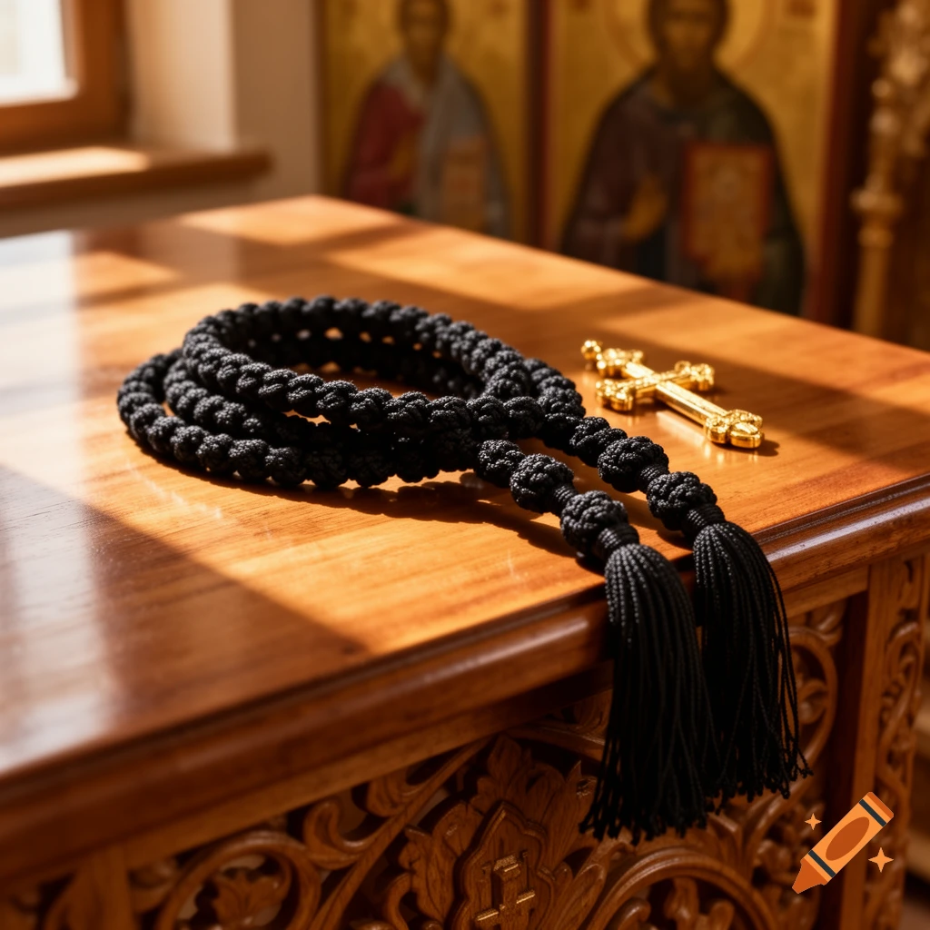 A black braided prayer rope and a golden Orthodox cross rest on a carved wooden surface with blurred religious icons in the background.