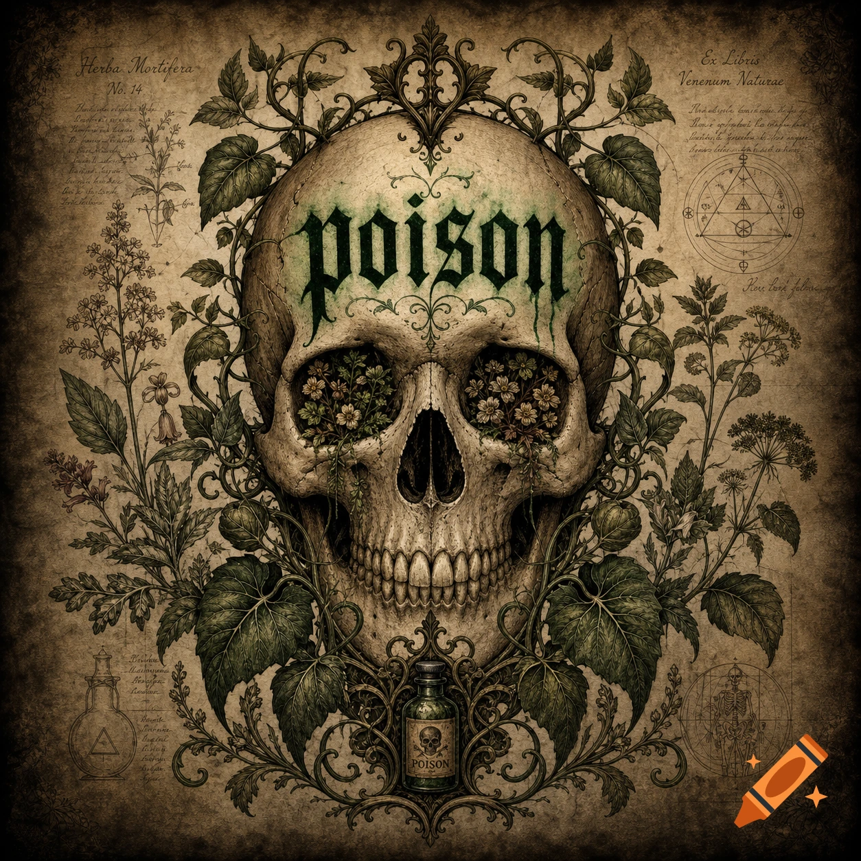 An ornate vintage illustration featuring a skull with the word 'poison' on its forehead, surrounded by intertwining green foliage and small flowers in the eye sockets, set against an old parchment background with botanical diagrams.