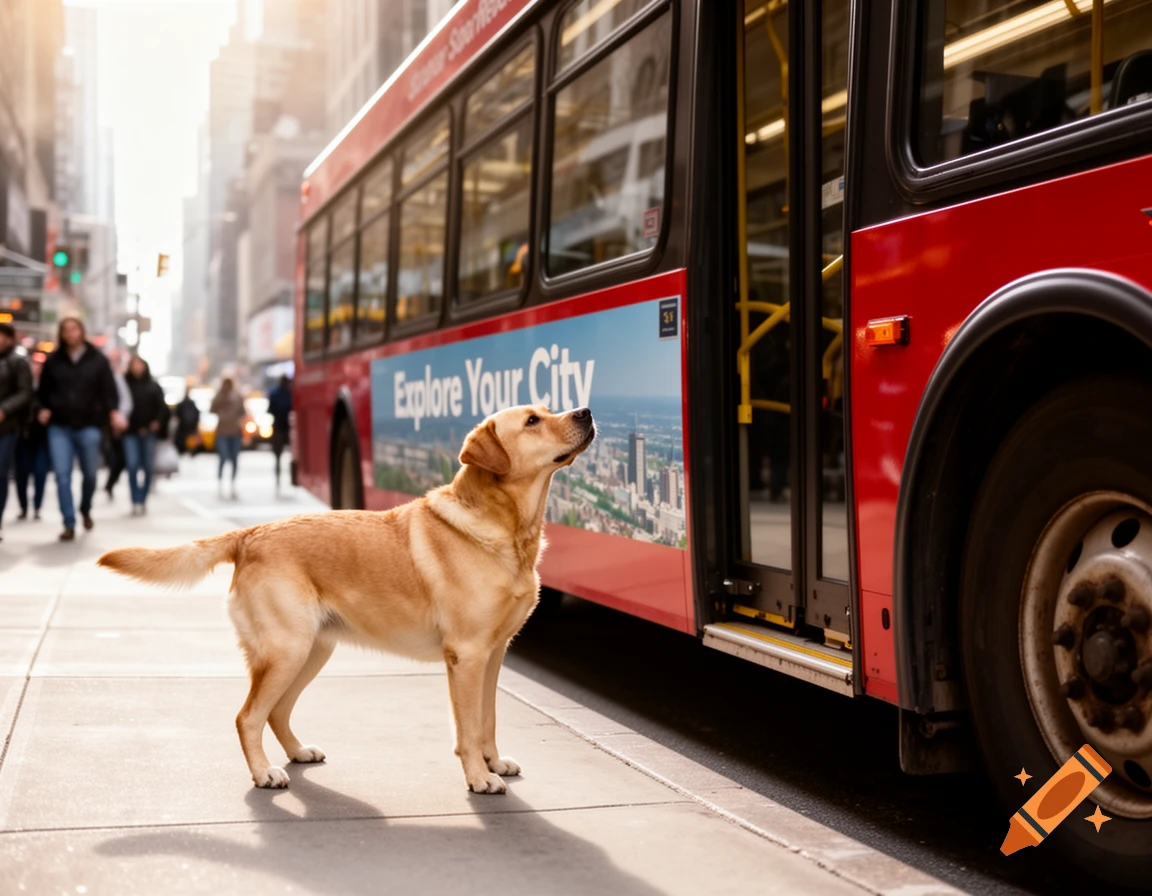 A golden dog stands on a city sidewalk, looking up at a red bus with an 'Explore Your City' ad on a bright day.