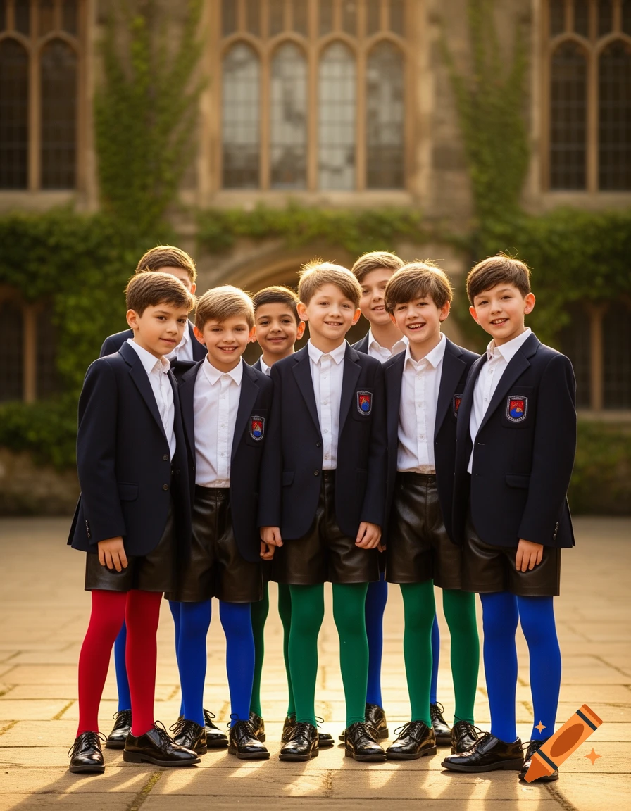 A group of young schoolboys in navy blazers, white shirts, black leather shorts, and colorful tights standing in front of an old stone building.
