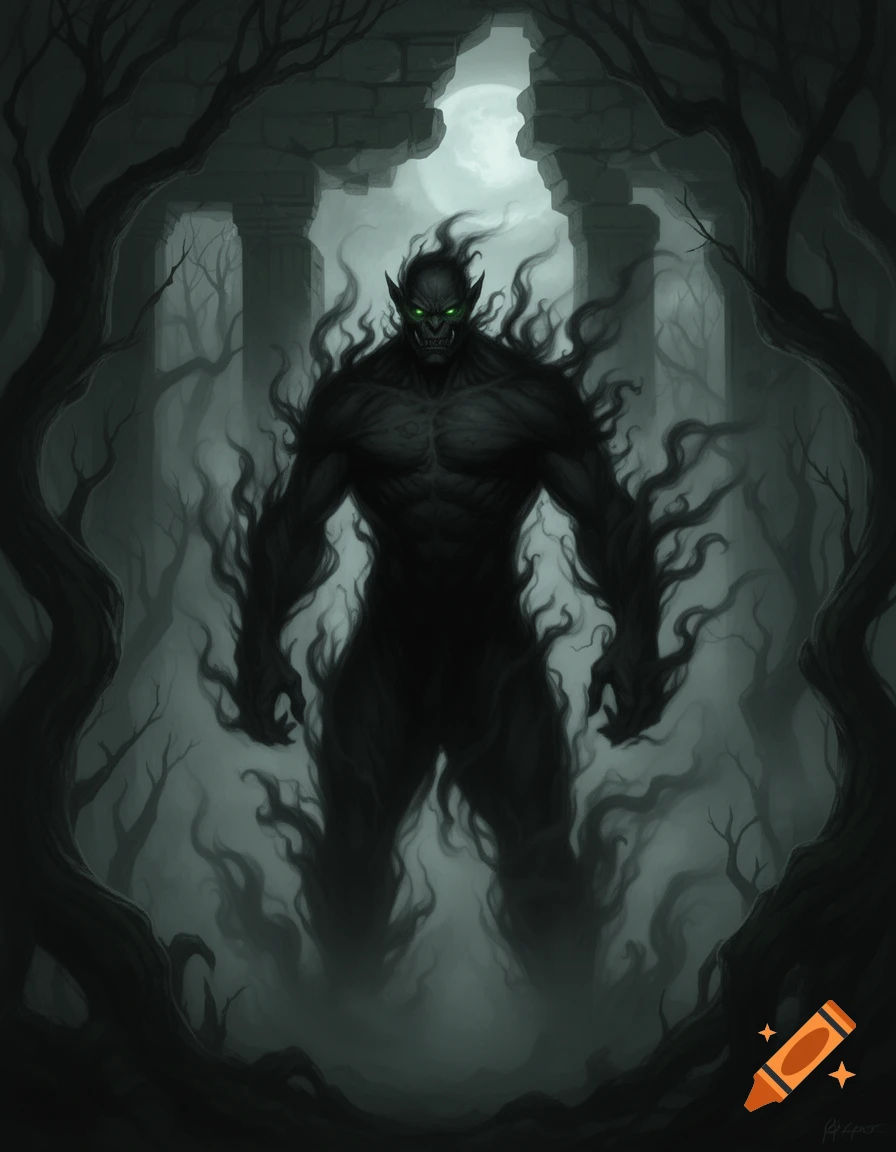 A menacing shadowy creature with glowing green eyes stands in a misty, dark forest with ruins under a full moon. Dark fantasy art style.