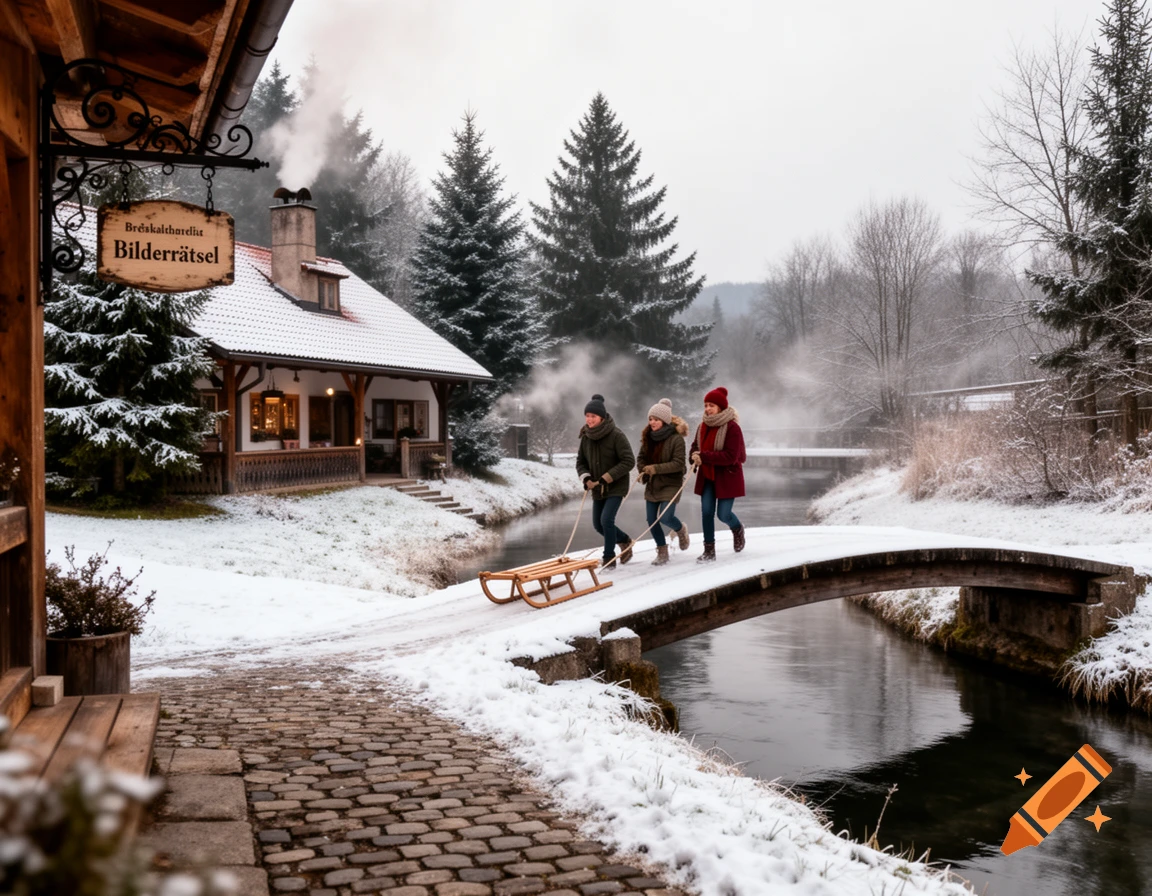 Three people pull a sled across a snowy bridge over a river, with a charming winter cabin and evergreen trees in the background.