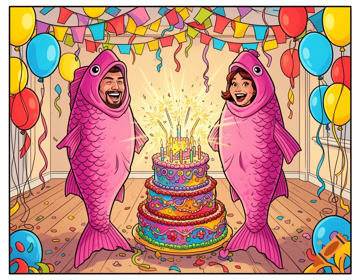 A man and woman in pink fish costumes celebrate a birthday with a colorful cake and balloons in a comic style.