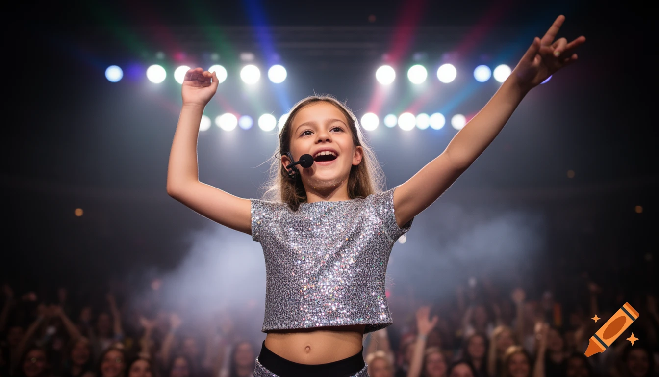 A smiling young girl in a sparkly crop top and head mic performs on a brightly lit stage with her arms raised, a blurred audience in the background.