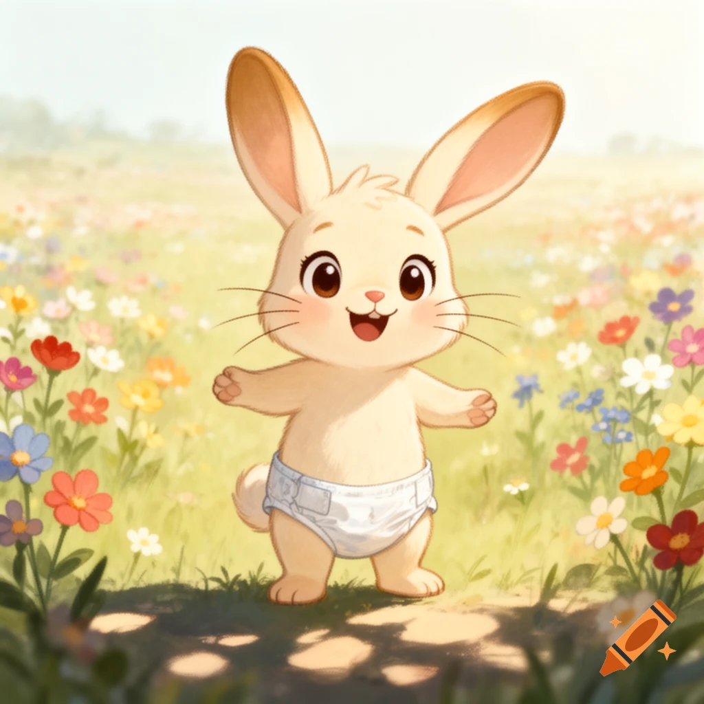 A cute, cartoonish light brown rabbit wearing a white diaper stands in a vibrant field of colorful flowers under a bright sky, smiling happily.