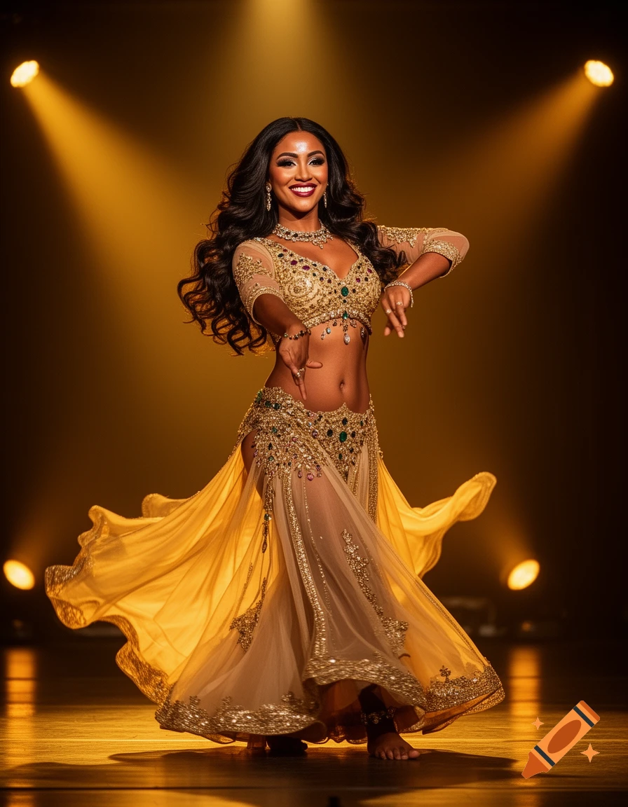 A photorealistic image of an elegant belly dancer in a golden, jeweled costume, posing mid-dance under warm spotlights on a dark stage.