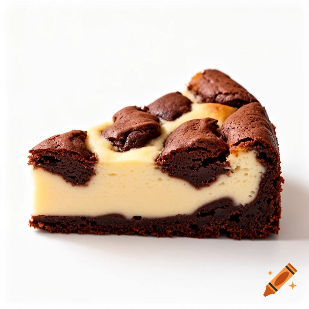 A close-up, photorealistic image of a slice of Zupfkuchen, a German cheesecake with dark chocolate crumbles, on a white background.