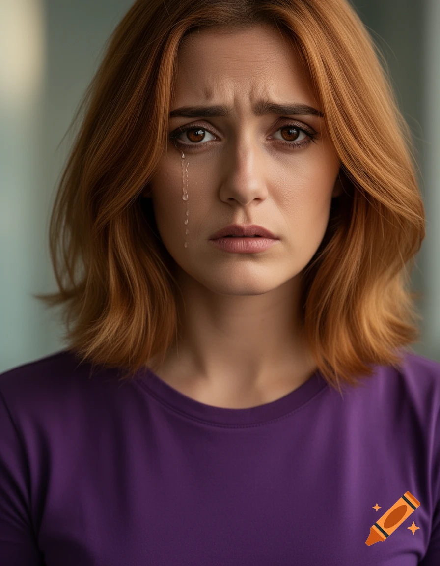 A close-up photorealistic portrait of a sad woman with reddish-brown hair, brown eyes, and a tear running down her cheek.