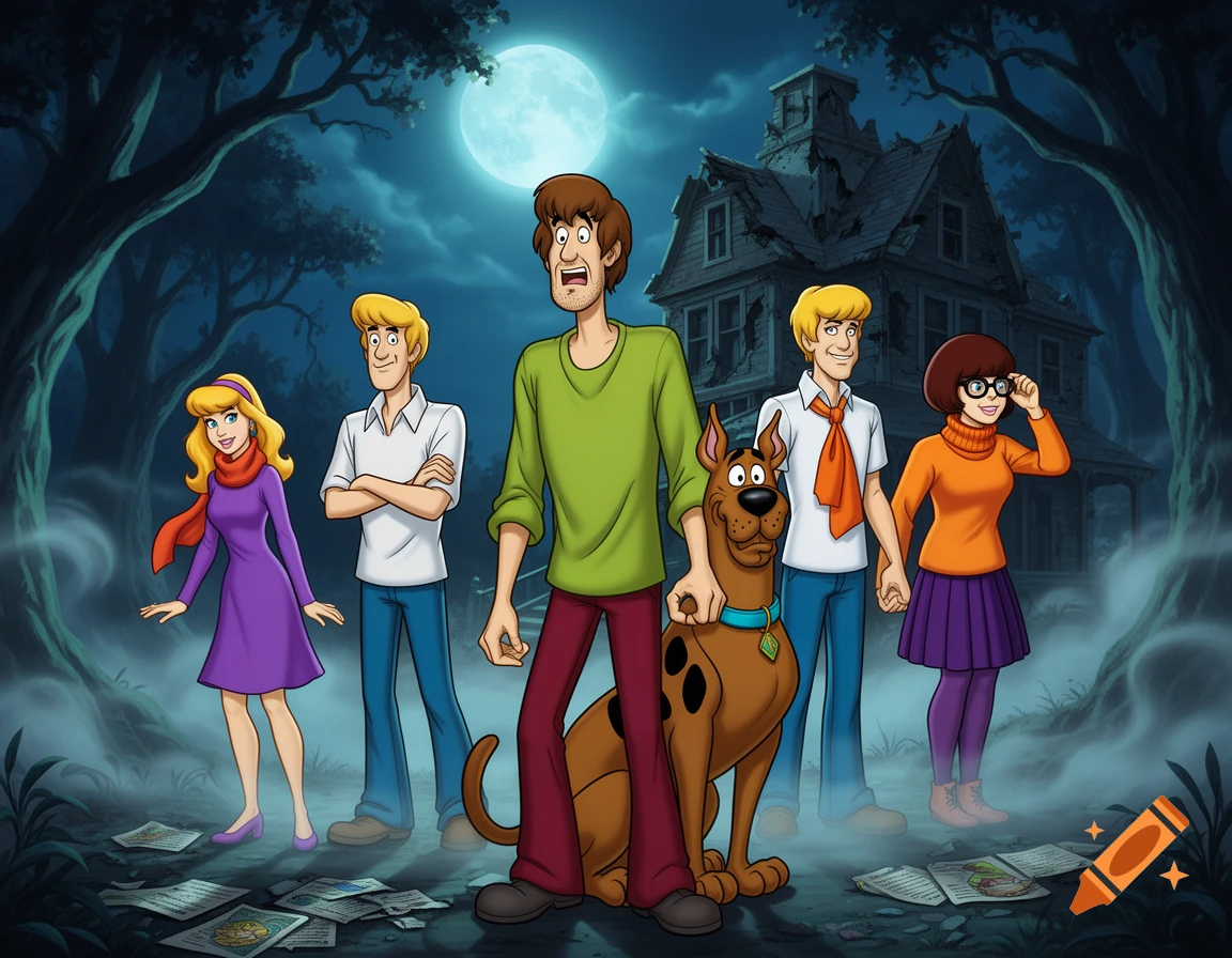 Shaggy, Scooby-Doo, Velma, Daphne, and Fred stand in a foggy forest at night in front of a haunted house under a full moon, in cartoon style.