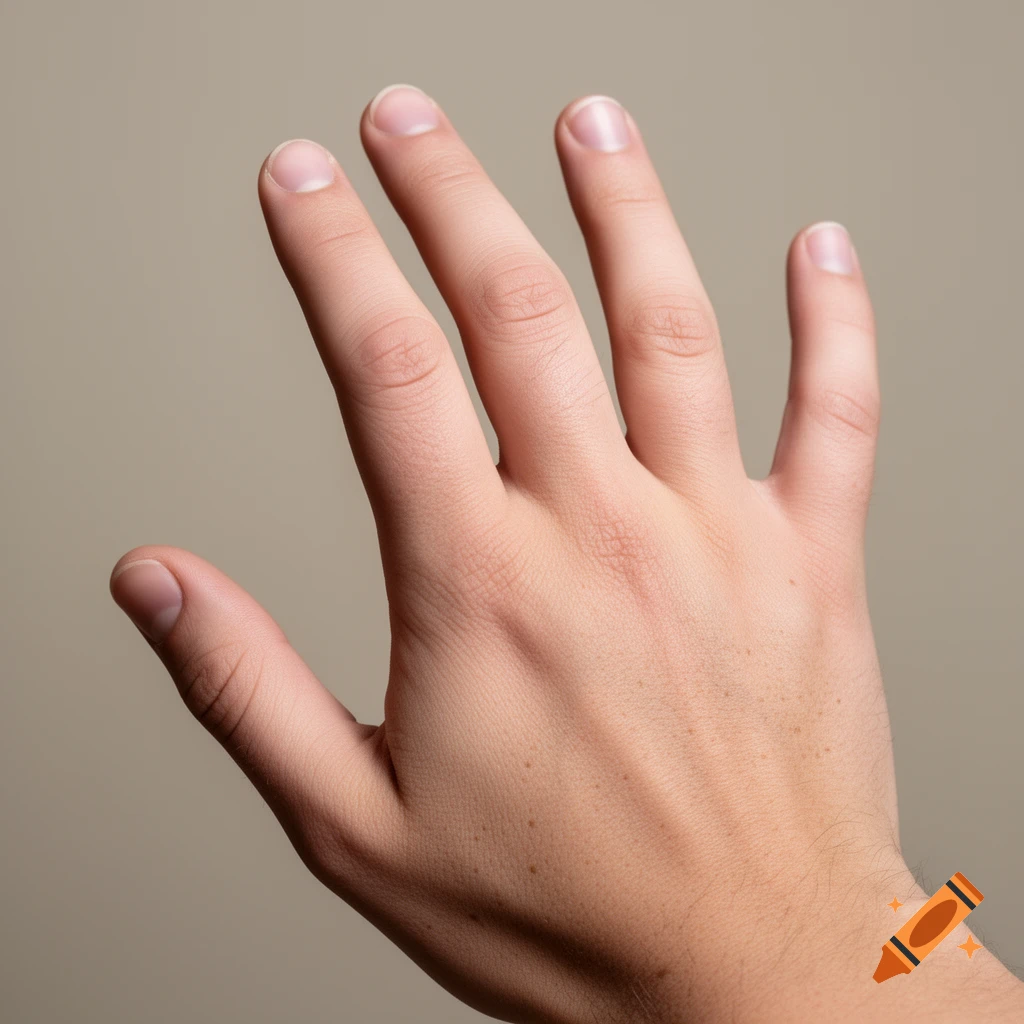 Photorealistic close-up of a light-skinned human hand with fingers extended against a plain background.