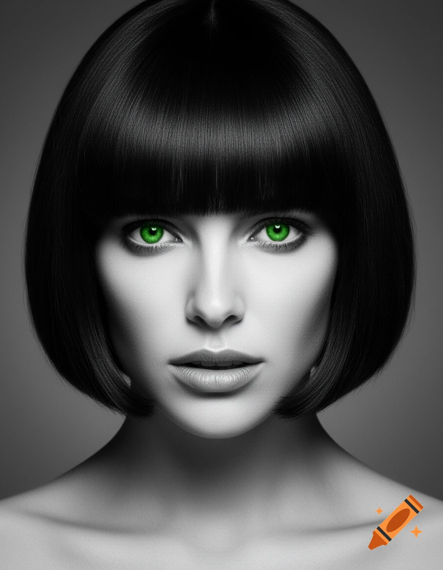 Black and white portrait of a woman with a short black bob and striking green eyes.