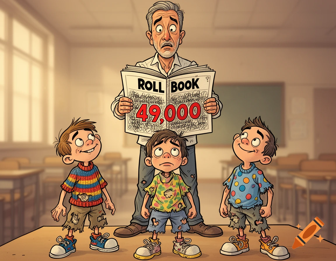 A cartoon teacher looks perplexed holding a 'Roll Book' with '49,000' written on it, while three scruffy children stand before him in a classroom.