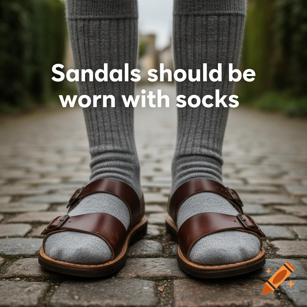 Feet wearing gray socks and brown leather sandals on a cobblestone path, with text "Sandals should be worn with socks".