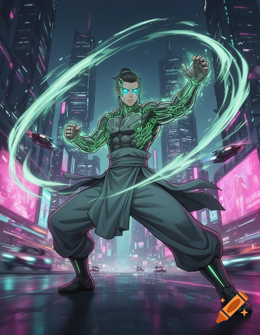 Anime cybernetic Kung Fu master with glowing eyes and green implants strikes a pose in a neon-lit futuristic city.