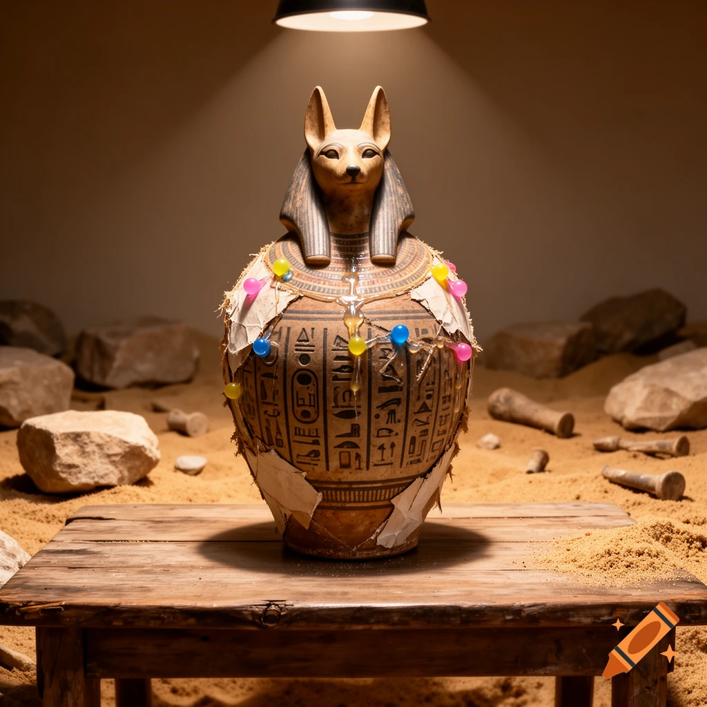 A patched canopic jar with an Anubis head, decorated with paper mache, dripping glue, and colorful bubble gum balls, sits on a wooden table in a sandy, desert-like setting under a spotlight.