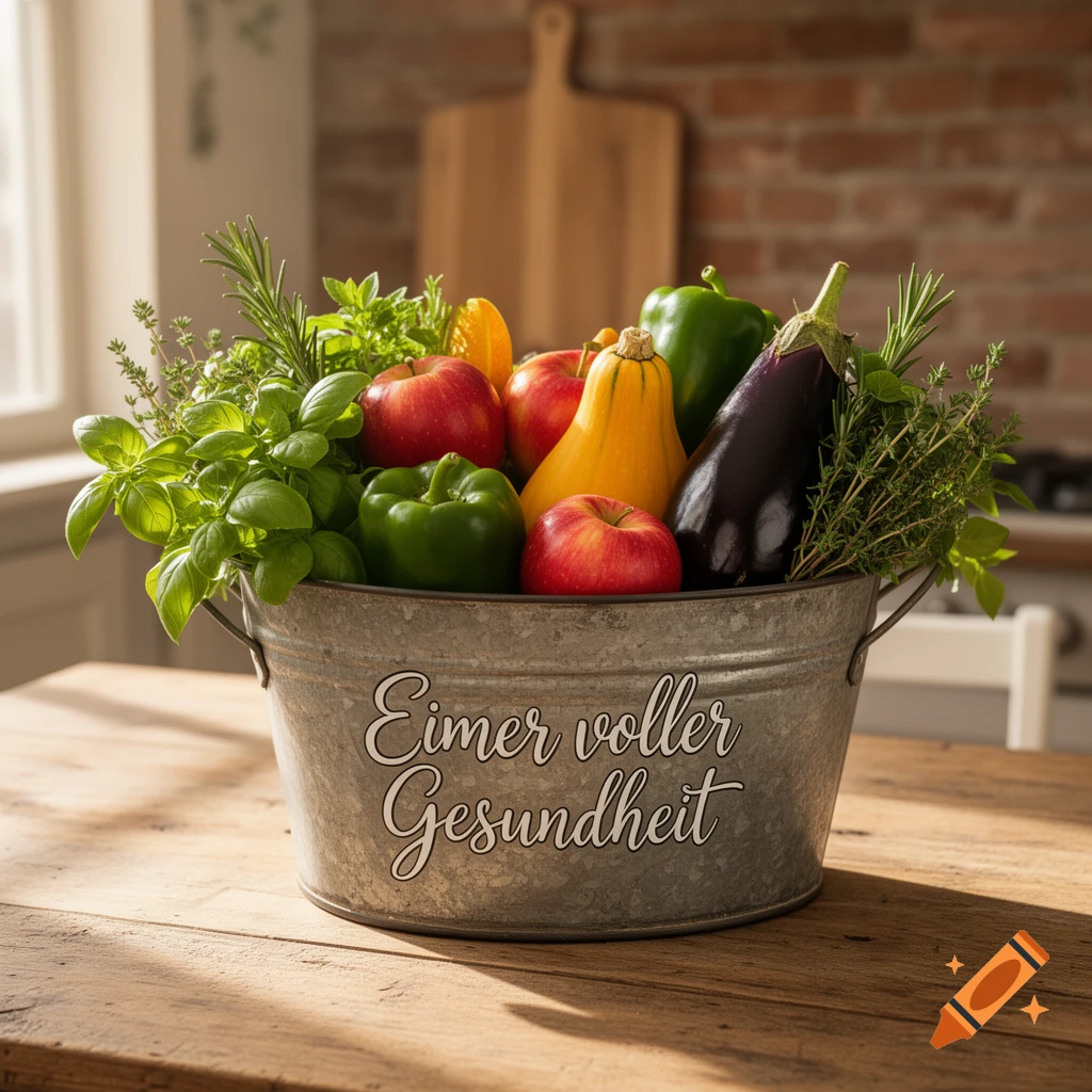 A galvanized bucket filled with fresh apples, bell peppers, eggplant, squash, and herbs on a wooden kitchen table. Text: 'Eimer voller Gesundheit'.