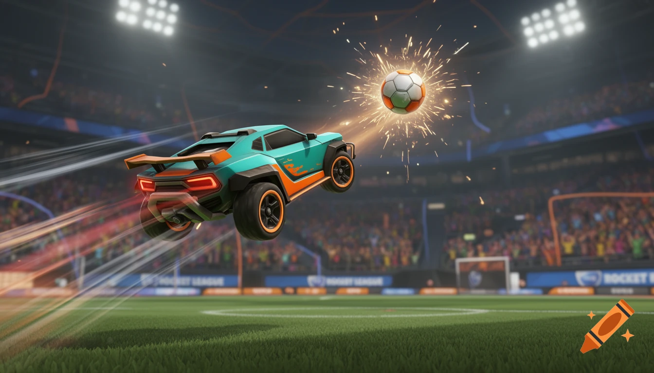 A teal and orange Rocket League Octane car jumps mid-air to hit a sparking soccer ball in a brightly lit stadium.