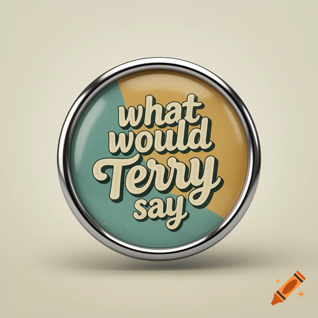A round metallic badge with 'what would Terry say' in retro white text on a split teal and tan background.