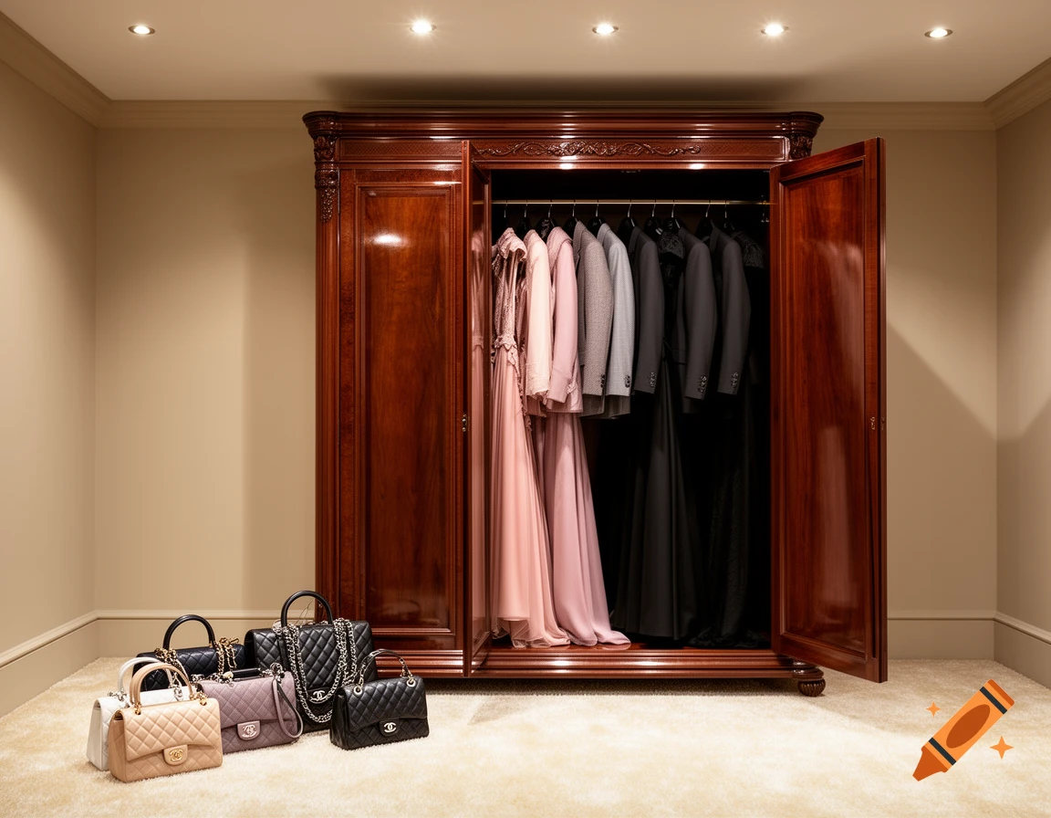 A luxurious dark wooden armoire stands on a cream carpet, its doors open to reveal clothes in shades of pink, grey, and black. Several quilted luxury handbags with chain straps are arranged on the carpet in front of the armoire.