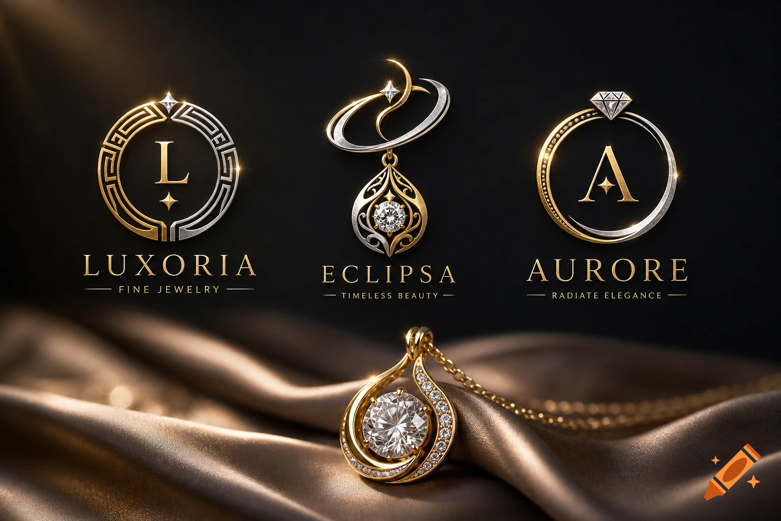 Three elegant gold and silver jewelry logos, each featuring a large letter and brand name, with a diamond pendant on a chain.