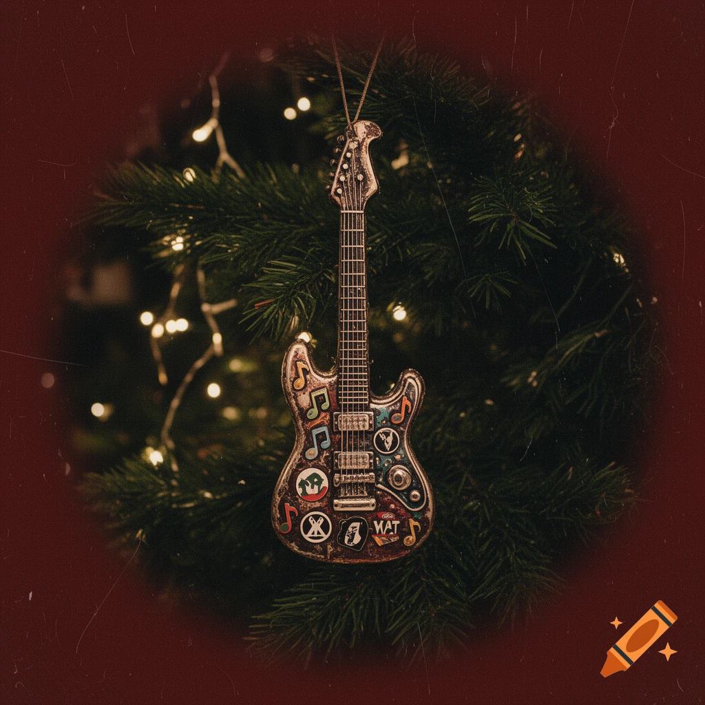 A guitar ornament with rock music stickers hangs on a dark pine Christmas tree branch, with glowing fairy lights in the background.