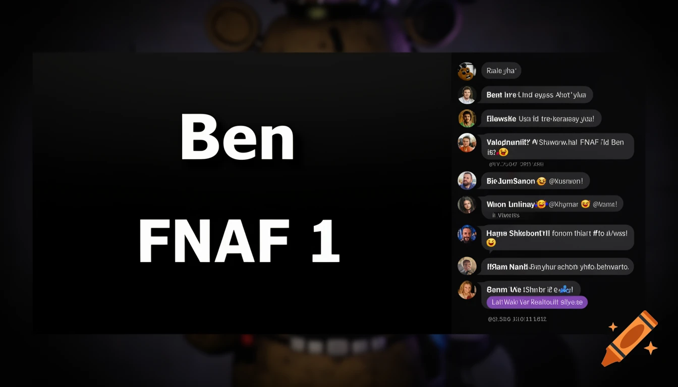 A dark screen for a livestream featuring white text "Ben" and "FNAF 1" on the left, with a column of chat messages and profile pictures on the right, all set against a blurry background of a Freddy Fazbear animatronic.