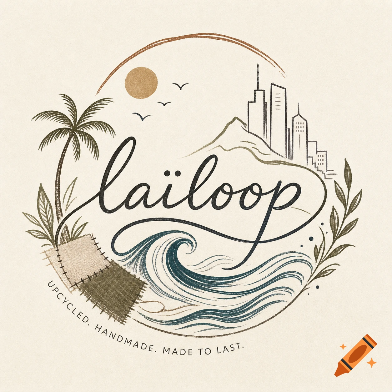 A circular boho-style logo for "laïloop" with a palm tree, sun, mountains, city skyline, ocean wave, and fabric patches. Text reads "UPCYCLED. HANDMADE. MADE TO LAST."