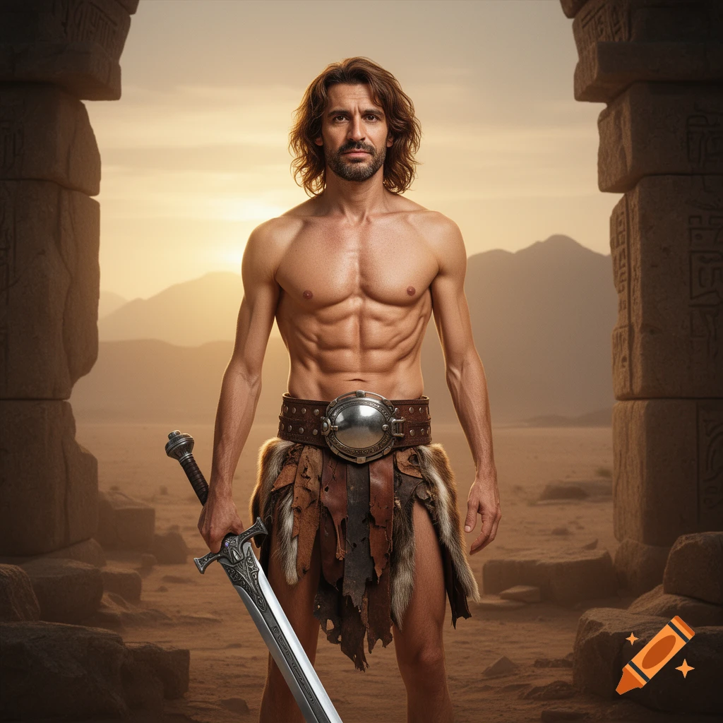 A muscular, long-haired barbarian man with a sword stands shirtless in ancient desert ruins at sunset.