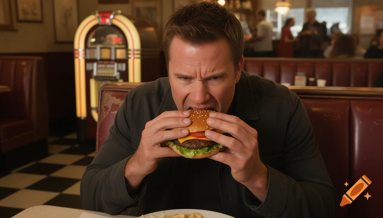 A man with a determined expression takes a huge bite out of a cheeseburger in a retro diner with a jukebox in the background.