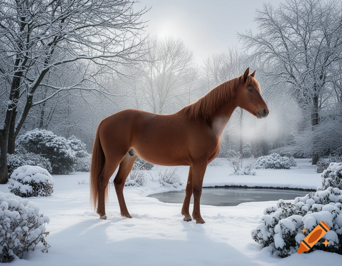 A brown horse stands in a serene, snow-covered winter garden with bare trees and a partially frozen pond.