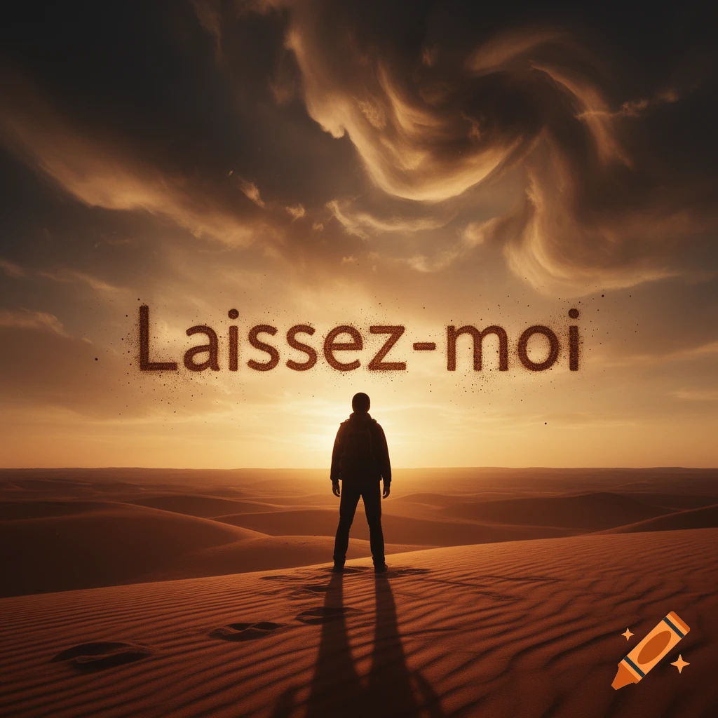 A person stands on a sand dune, silhouetted against a vibrant sunset over a vast desert, with the words "Laissez-moi" floating in the sky.