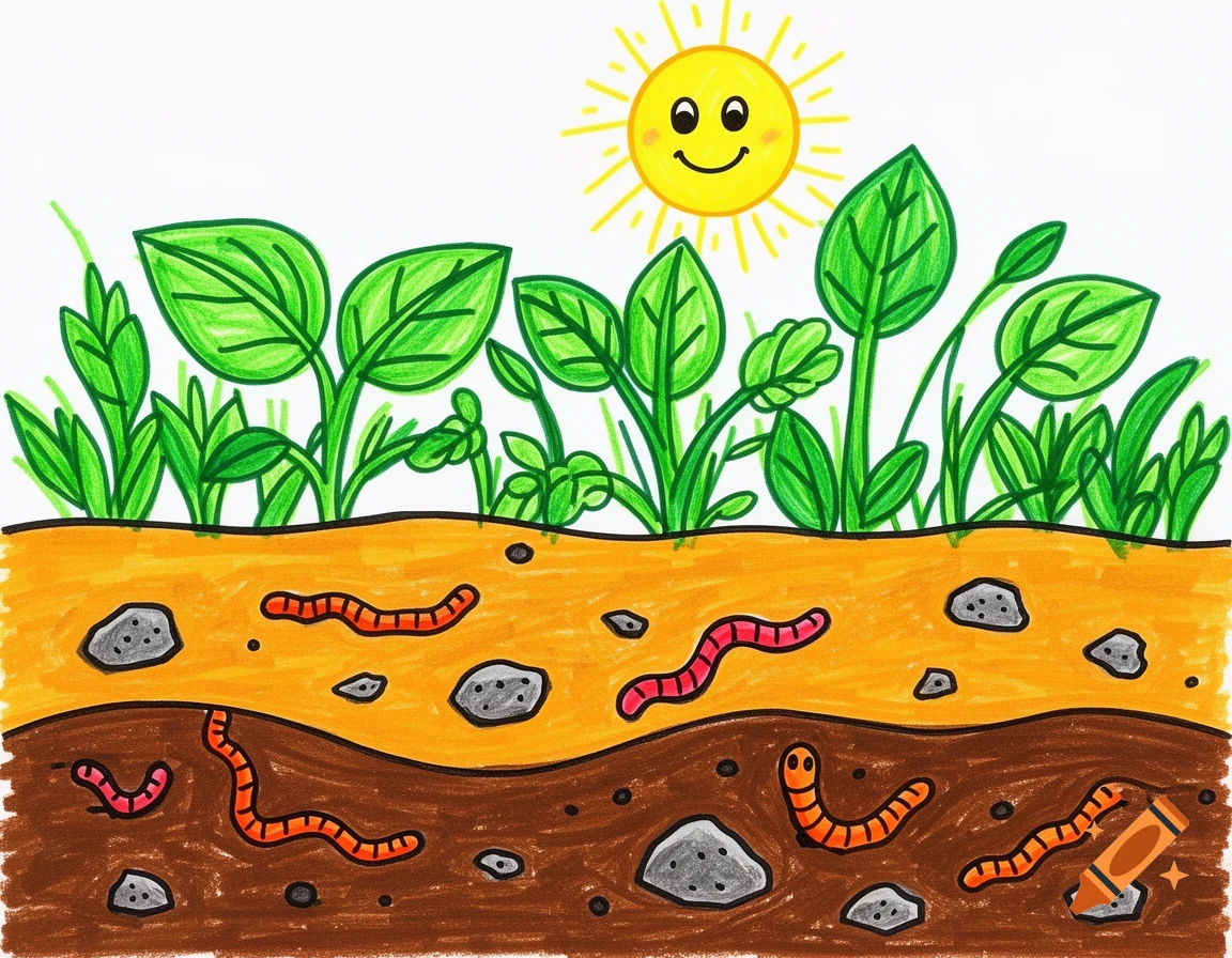 Child's drawing of a cross-section of soil with green plants, worms, and rocks, under a smiling sun.