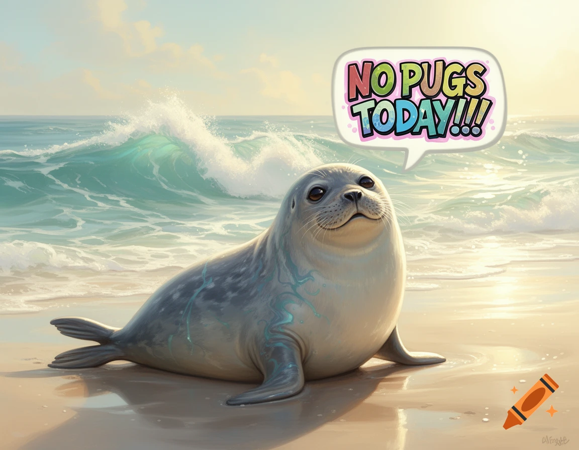 A cute, happy seal sits on a sunny beach next to clear blue waves, with a speech bubble saying "NO PUGS TODAY!!!"