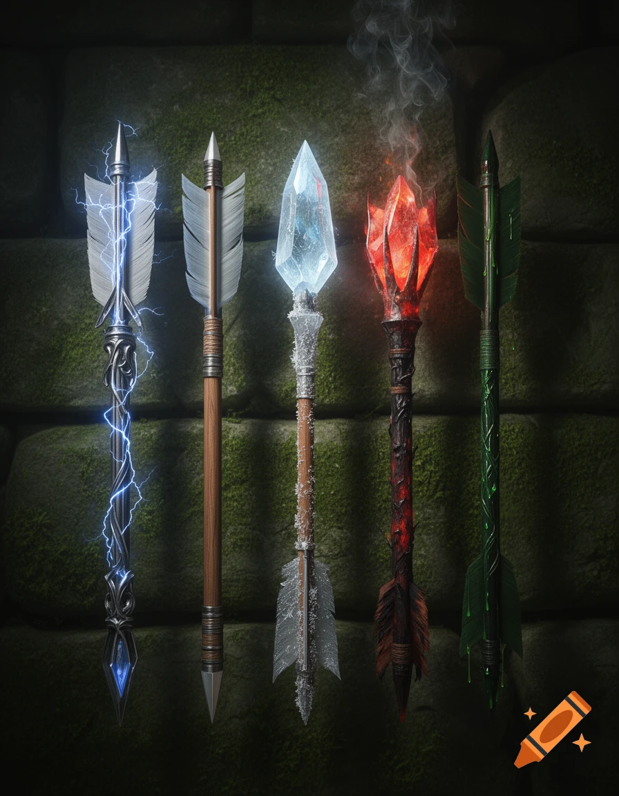 Five distinct magical arrows with elemental themes: lightning, traditional, icy crystal, fiery crystal with smoke, and glowing green poison.